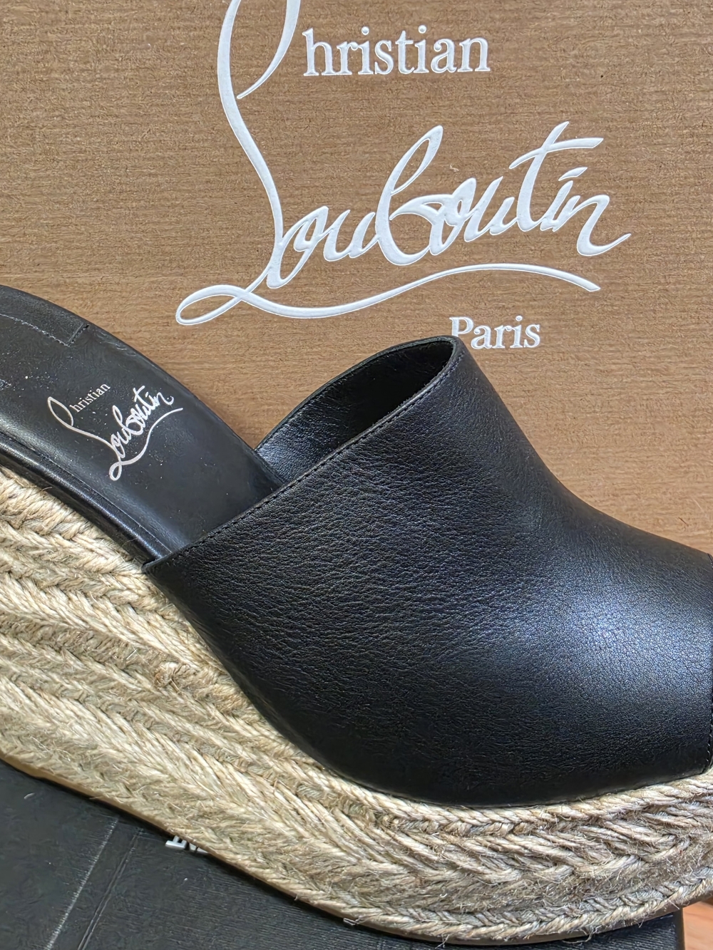 Christian Louboutin Black Leather Wedge Espadrille Mule